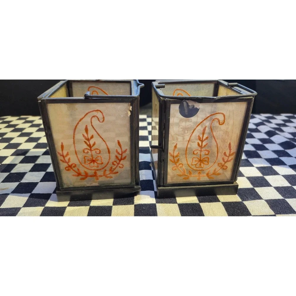 Vintage Boho‎ Metal Glass Paisley Embroidered Tea Light Lanterns Set of 2 Black